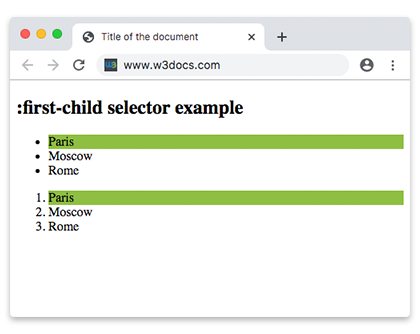  CSS :first-child Pseudo Class example