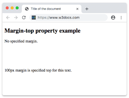 CSS margin-top property example showing 100px of space above a paragraph
