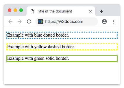 Three paragraphs with blue dotted, yellow dashed, and green solid CSS borders