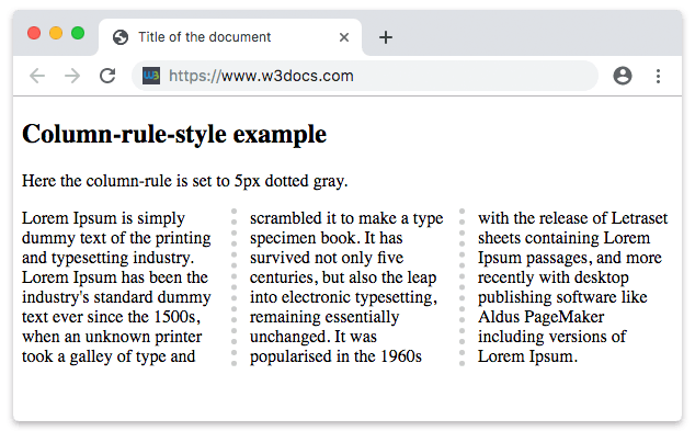 Three-column text layout separated by a 5px dotted gray column-rule