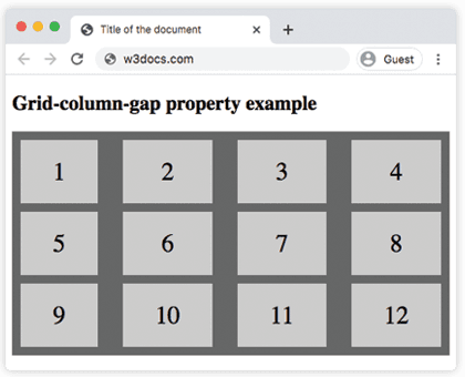 CSS grid-column-gap Property: a four-column grid with a 30px gap between columns and a 10px gap between rows
