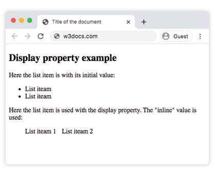 CSS display property example showing list items rendered inline
