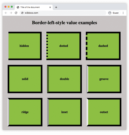CSS border-left-style property: nine boxes showing hidden, dotted, dashed, solid, double, groove, ridge, inset and outset left borders