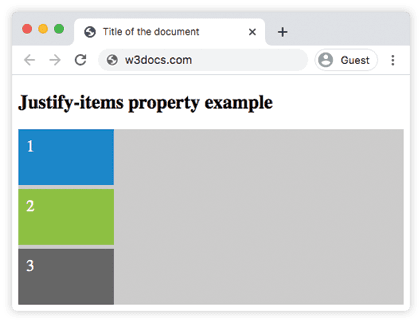 CSS justify-items start: three grid items aligned to the left edge of each cell