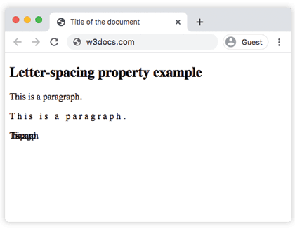 Three paragraphs showing normal, positive (4px), and negative (-4px) letter-spacing