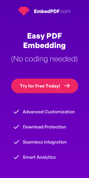 Banner for EmbedPDF.com. Features include easy PDF embedding, download protection, and advanced customization. Try for free today.